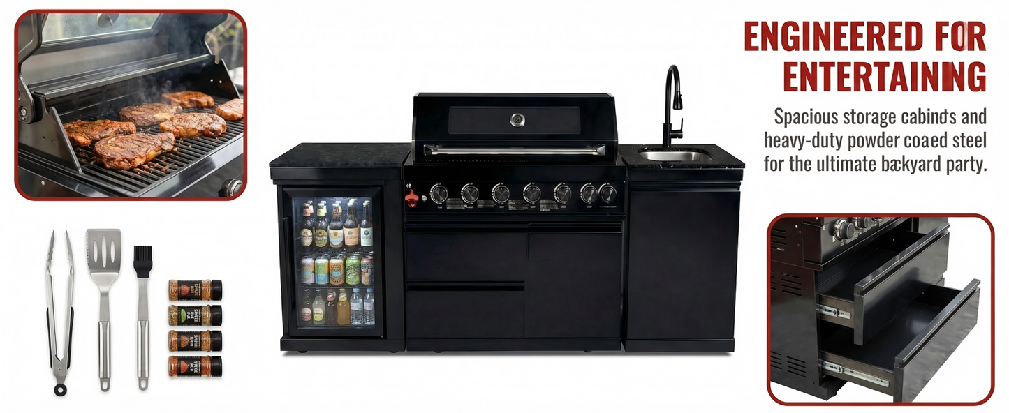 82" 6-Burner 85,000 BTU Gas Outdoor Kitchen Island Grill Stainless Steel Sink Wine Cooler