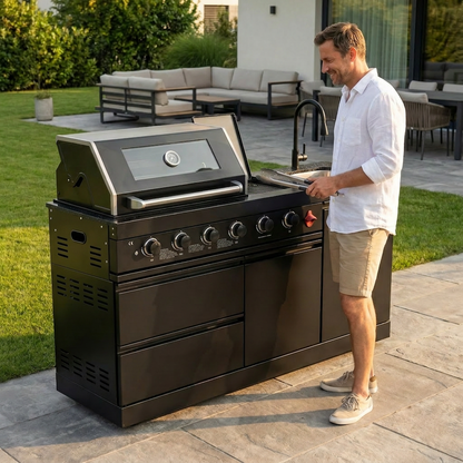 65" 4-Burner 72,000 BTU Black Outdoor Kitchen Island Grill + Round Side Burner