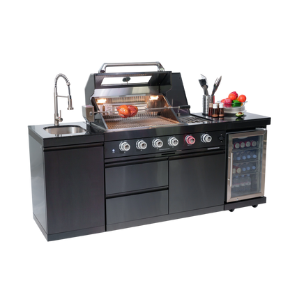 NG 85" 4-Burner 72,000 BTU Black Outdoor Kitchen Island Grill + Refrigerator + Sink