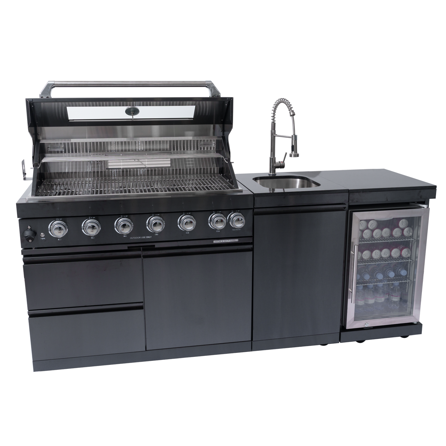 NG 85" 6-Burner 85,000 BTU Black Outdoor Kitchen Island Grill Refrigerator + Rotisserie Kit + Sink
