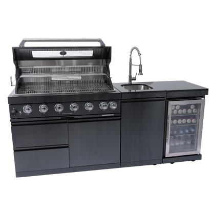 NG 85" 6-Burner 85,000 BTU Black Outdoor Kitchen Island Grill Refrigerator + Rotisserie Kit + Sink