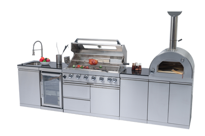 128" 120,000 BTU 6-Burner Outdoor Kitchen Island Grill with Pizza Oven