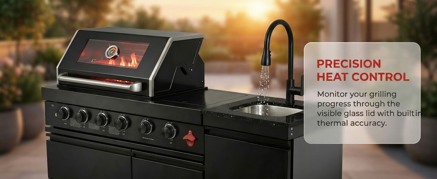 65" 4-Burner 72,000 BTU Black Outdoor Kitchen Island Grill + Round Side Burner