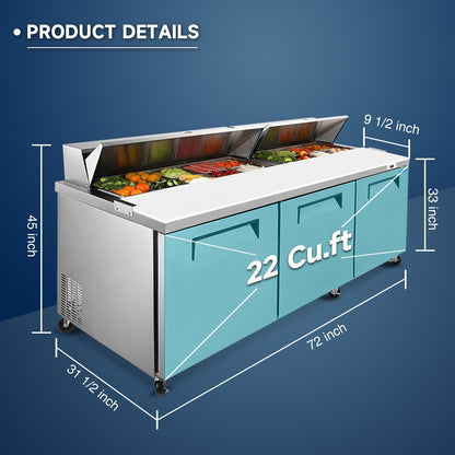 72" Width Commercial Refrigerators Sandwich & Salad Prep Table with a Butcher Block Cutting Board