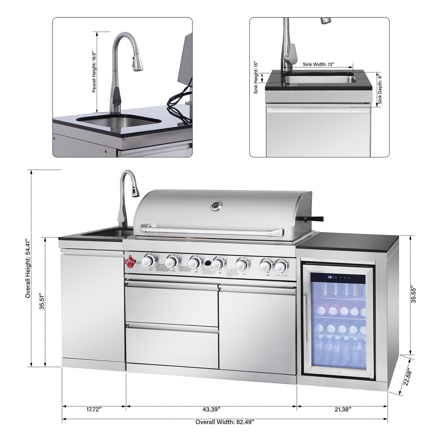 82.5" 6-Burner 83,500 BTU Silver Outdoor Kitchen Island Grill +Sink + Refrigerator