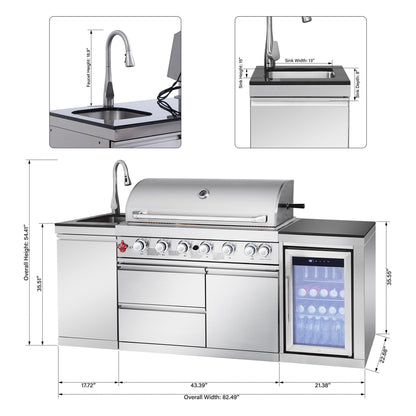 82.5" 6-Burner 83,500 BTU Silver Outdoor Kitchen Island Grill +Sink + Refrigerator