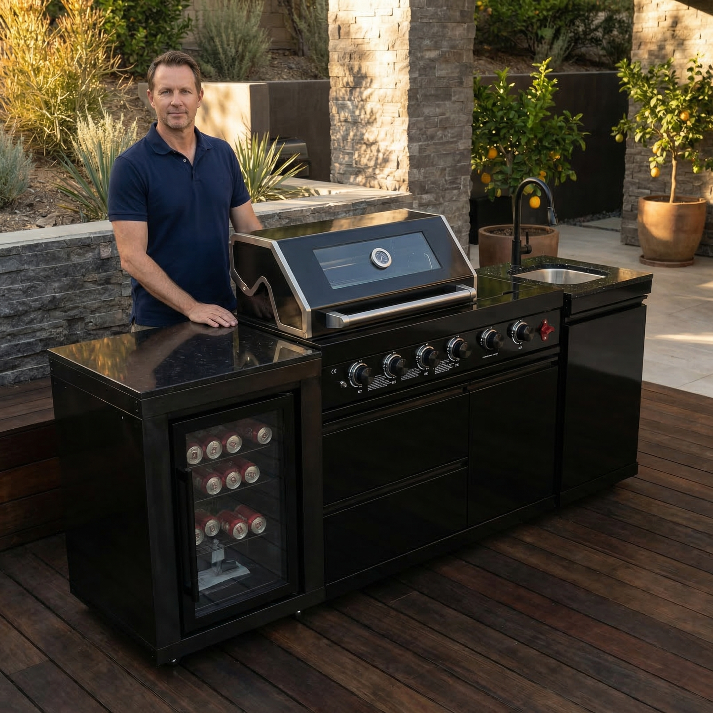 85" 4-Burner 85000 BTU Black Outdoor Kitchen Island Grill with Compact Refrigerator Marble Countertops Sink