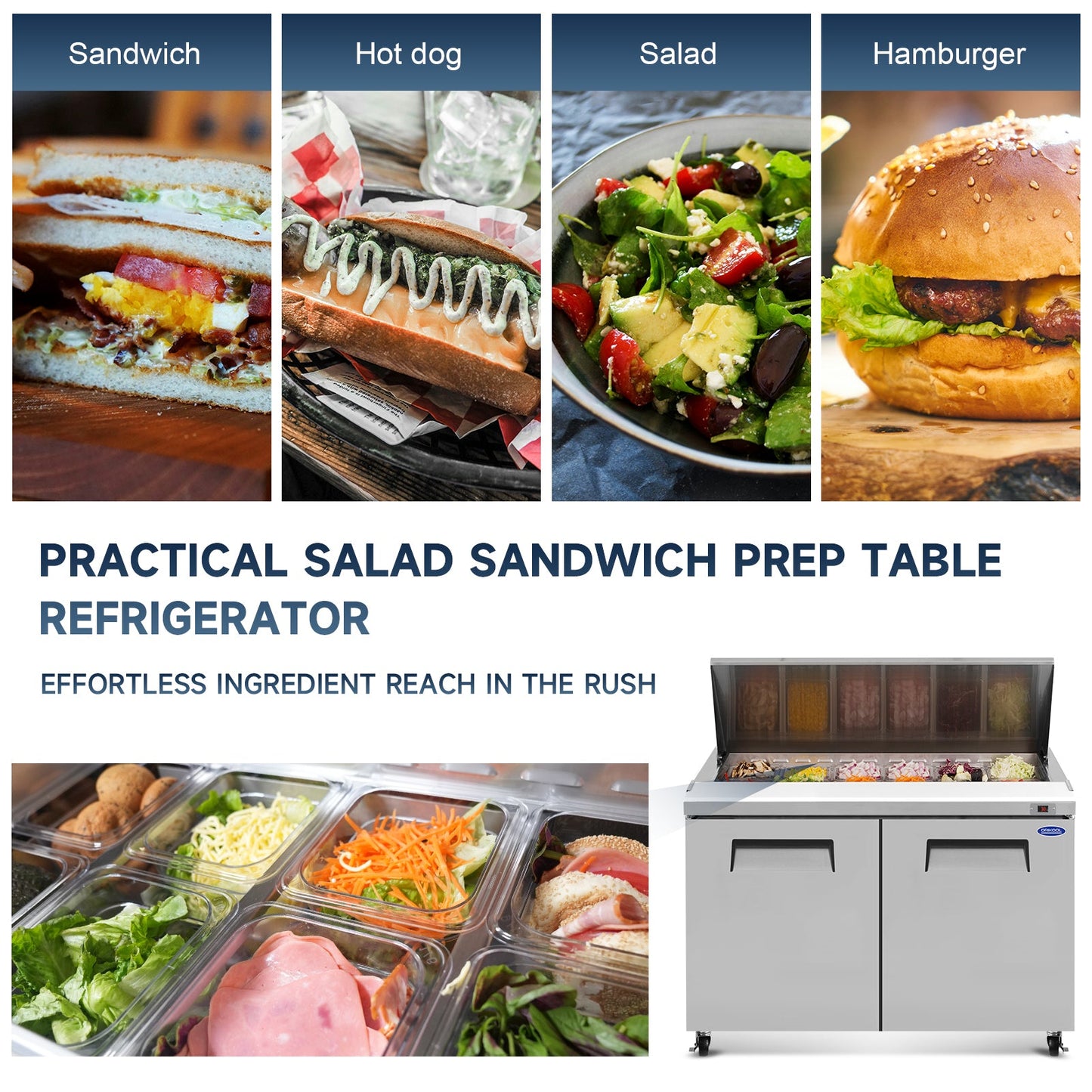 48" Width Commercial Refrigerators Sandwich & Salad Prep Table with a Butcher Block Cutting Board
