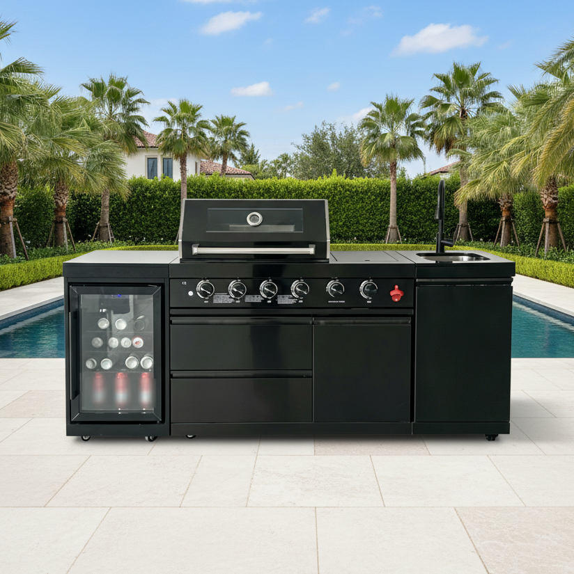 85" 4-Burner 85000 BTU Black Outdoor Kitchen Island Grill with Compact Refrigerator Marble Countertops Sink