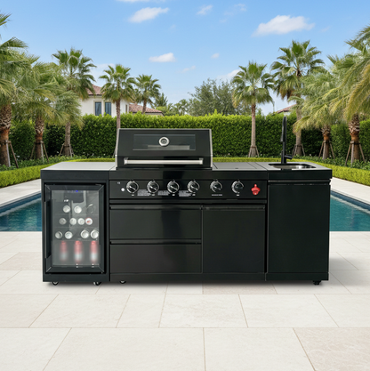 85" 4-Burner 85000 BTU Black Outdoor Kitchen Island Grill with Compact Refrigerator Marble Countertops Sink
