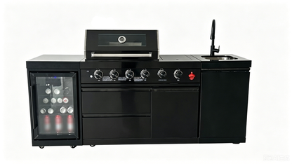 85" 4-Burner 85000 BTU Black Outdoor Kitchen Island Grill with Compact Refrigerator Marble Countertops Sink