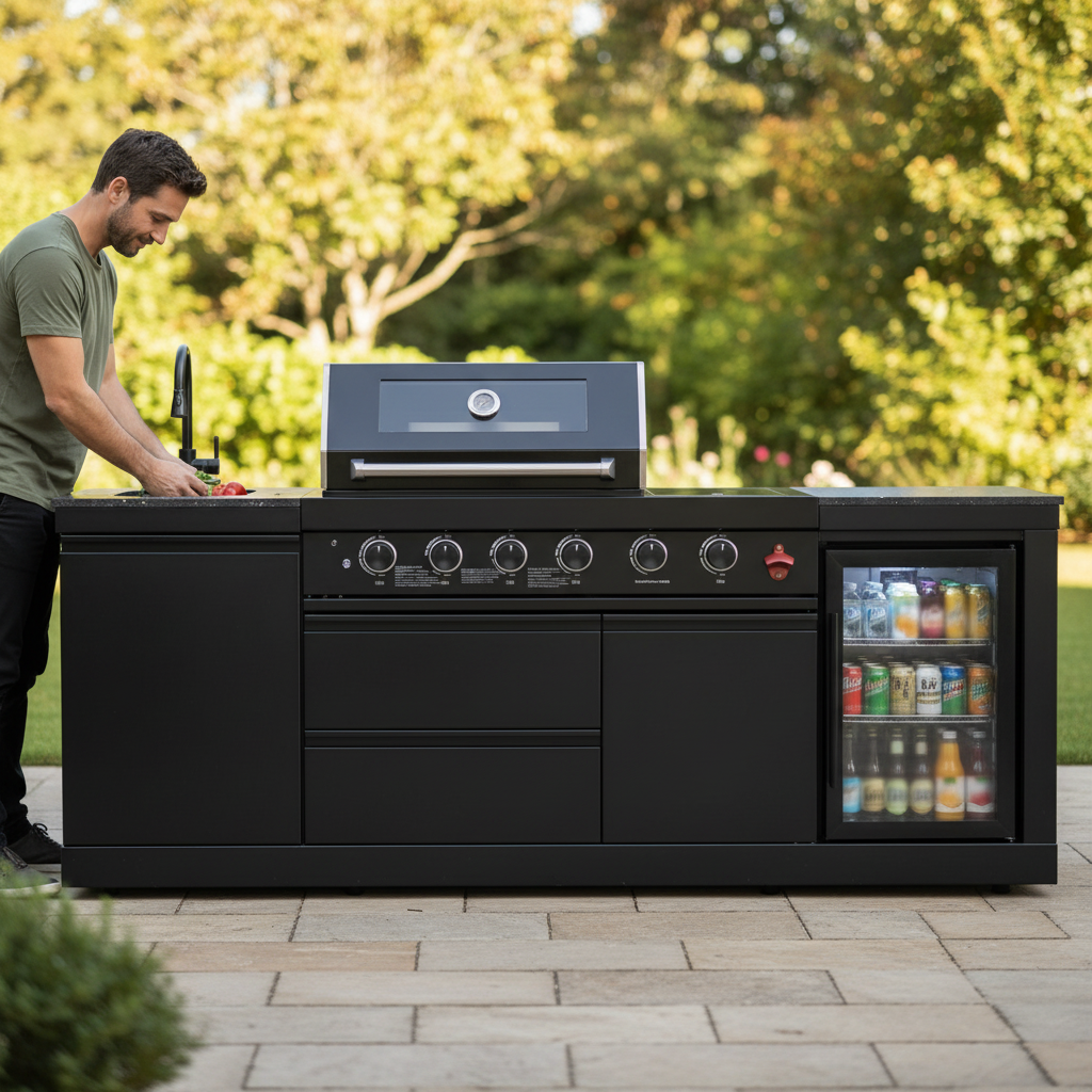 85" 4-Burner 85000 BTU Black Outdoor Kitchen Island Grill with Compact Refrigerator Marble Countertops Sink