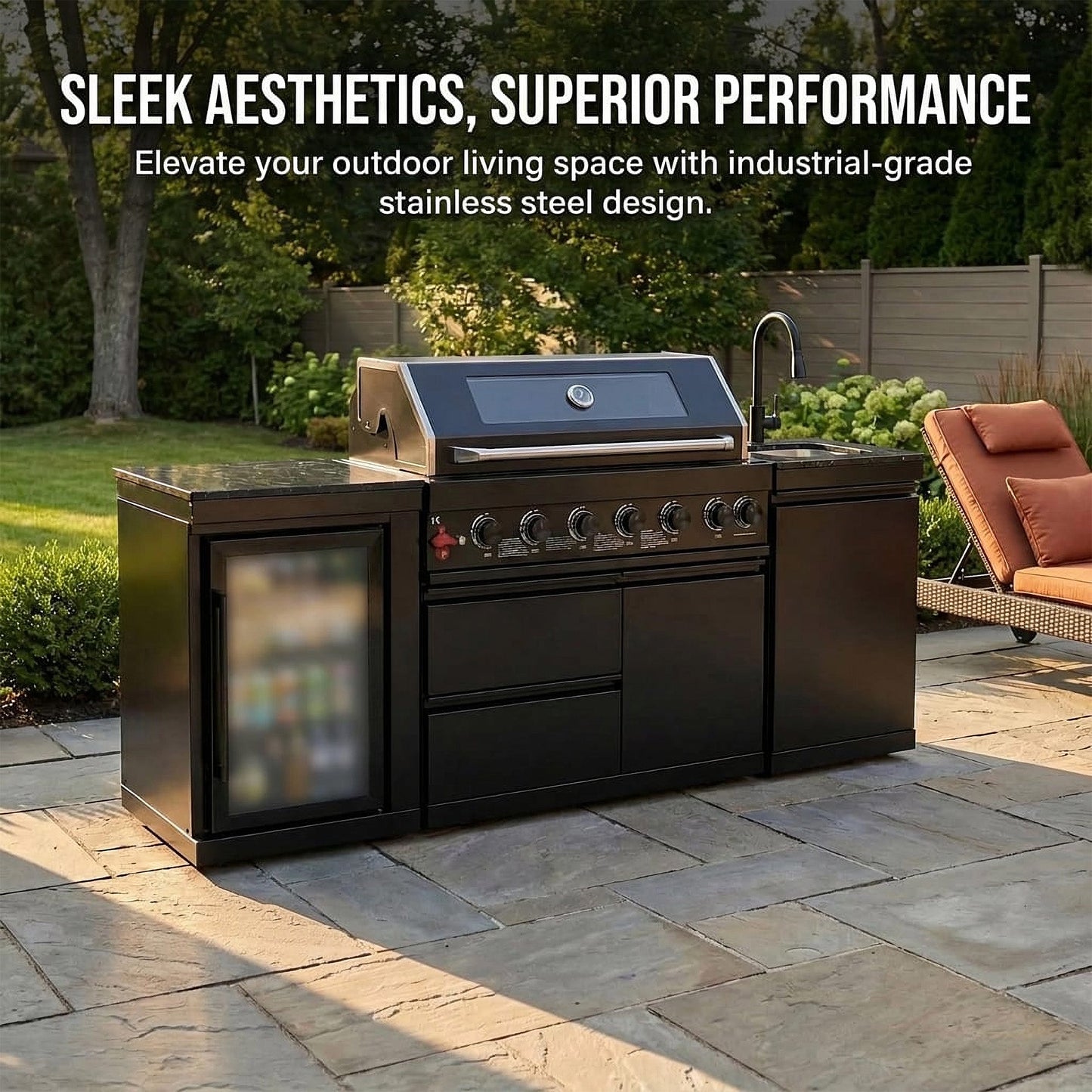 82" 6-Burner 85,000 BTU Gas Outdoor Kitchen Island Grill Stainless Steel Sink Wine Cooler