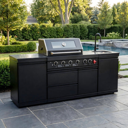 85" 4-Burner 85,000 BTU Black Outdoor Kitchen Island Grill + Storage Cabinets + Sink