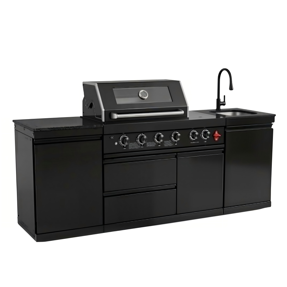 85" 4-Burner 85,000 BTU Black Outdoor Kitchen Island Grill + Storage Cabinets + Sink