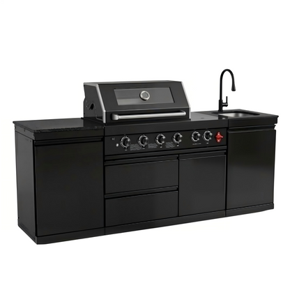85" 4-Burner 85,000 BTU Black Outdoor Kitchen Island Grill + Storage Cabinets + Sink