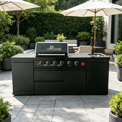 85" 4-Burner 85,000 BTU Black Outdoor Kitchen Island Grill + Storage Cabinets + Sink