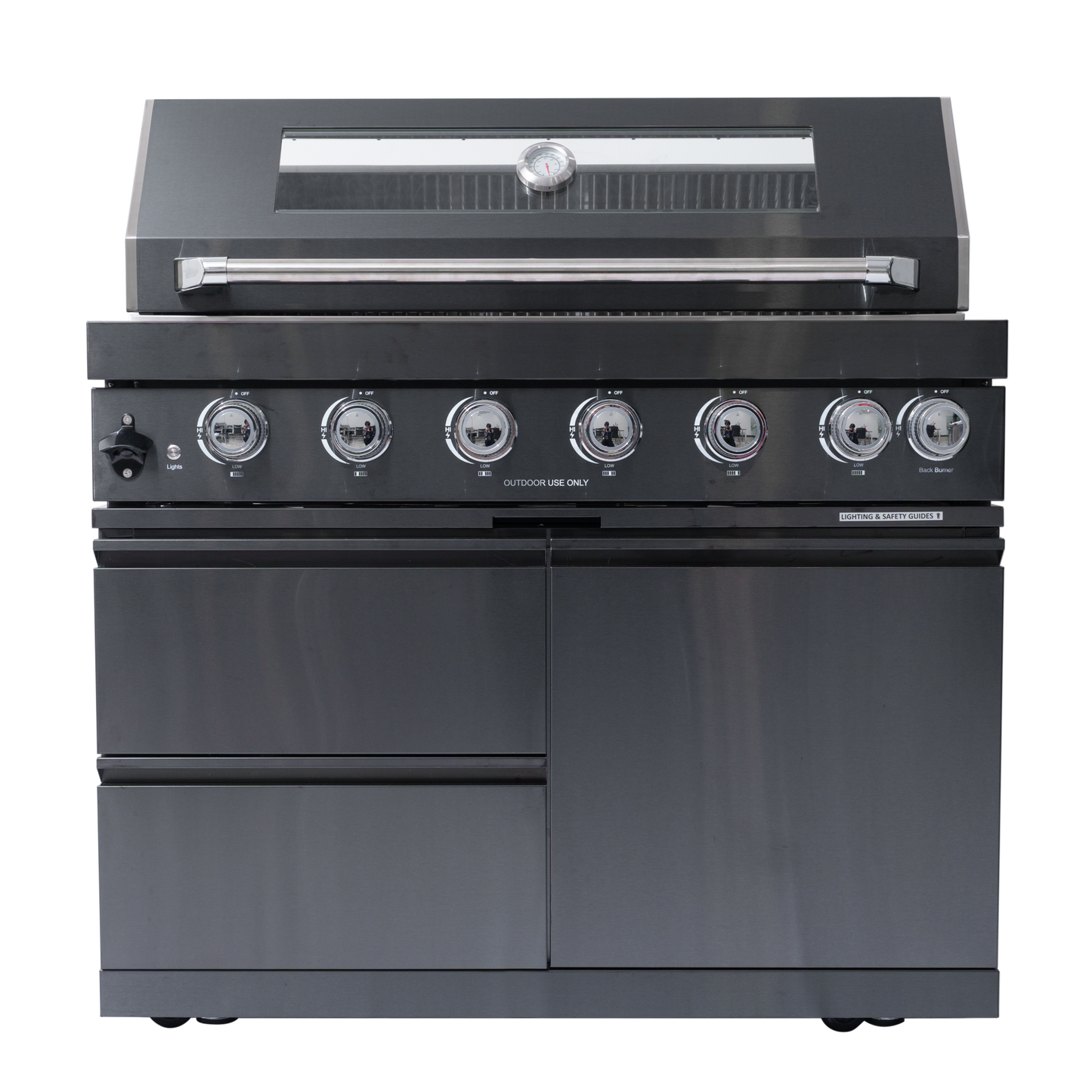 NG 85" 6-Burner 85,000 BTU Black Outdoor Kitchen Island Grill Refrigerator + Rotisserie Kit + Sink
