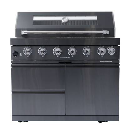 NG 85" 6-Burner 85,000 BTU Black Outdoor Kitchen Island Grill Refrigerator + Rotisserie Kit + Sink