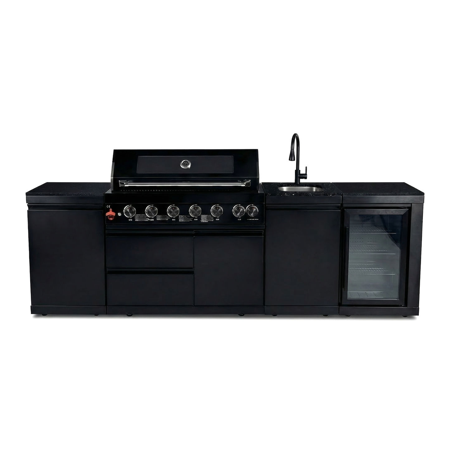 102" 6-Burner 85,000 BTU Black Outdoor Kitchen Island Grill + Refrigerator + Marble Countertops + Sink