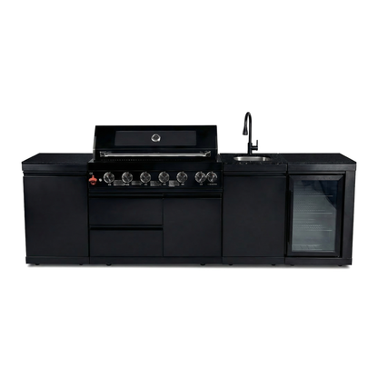 102" 6-Burner 85,000 BTU Black Outdoor Kitchen Island Grill + Refrigerator + Marble Countertops + Sink