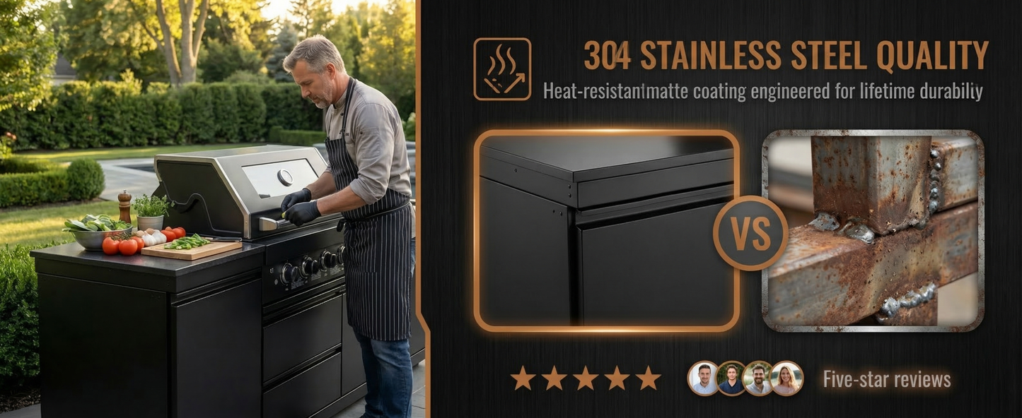85" 4-Burner 85,000 BTU Black Outdoor Kitchen Island Grill + Storage Cabinets + Sink