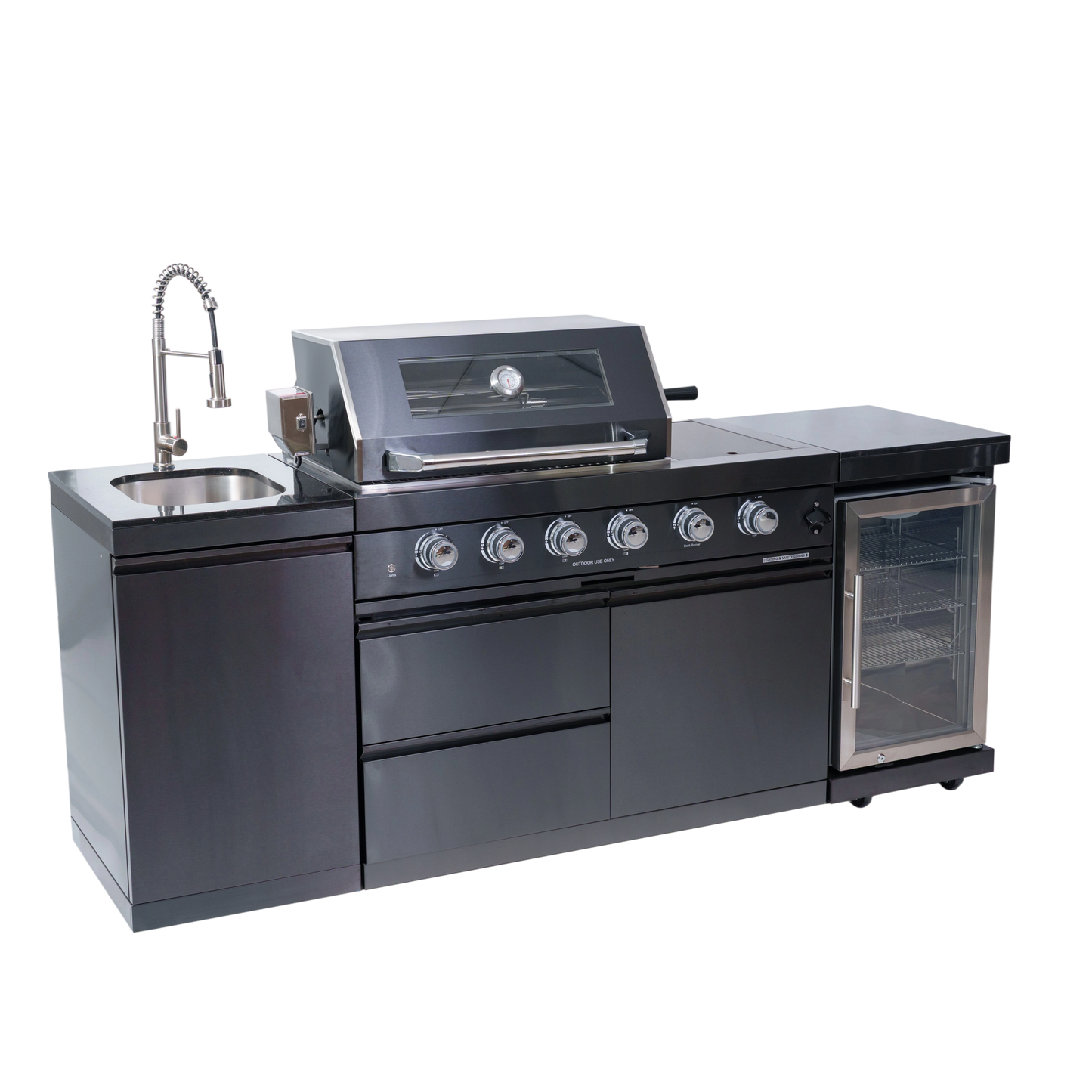 NG 85" 4-Burner 72,000 BTU Black Outdoor Kitchen Island Grill + Refrigerator + Sink