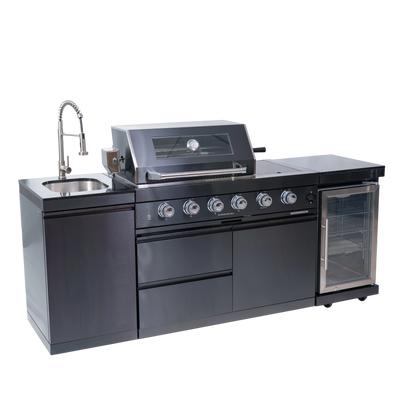 NG 85" 4-Burner 72,000 BTU Black Outdoor Kitchen Island Grill + Refrigerator + Sink
