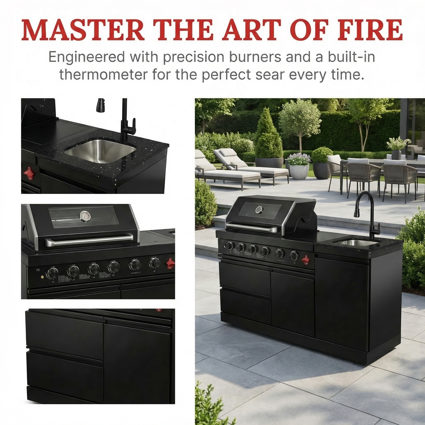 65" 4-Burner 72,000 BTU Black Outdoor Kitchen Island Grill + Round Side Burner
