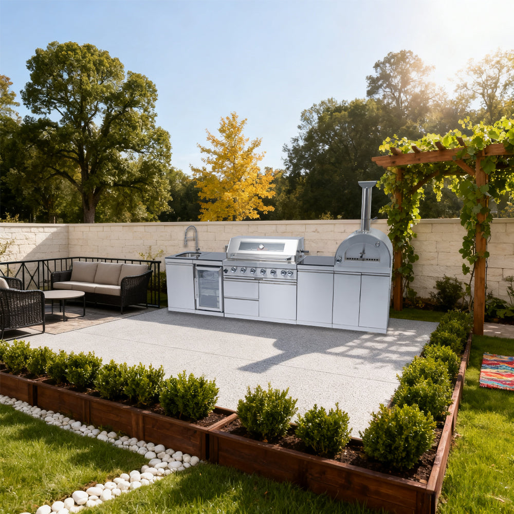 128" 120,000 BTU 6-Burner Outdoor Kitchen Island Grill with Pizza Oven