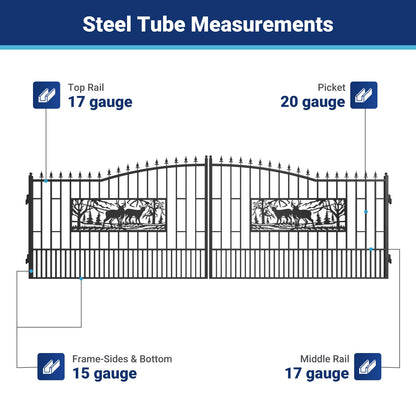 18x7 ft Steel Dual Swing Driveway Gate with Rectangular Deer Pattern