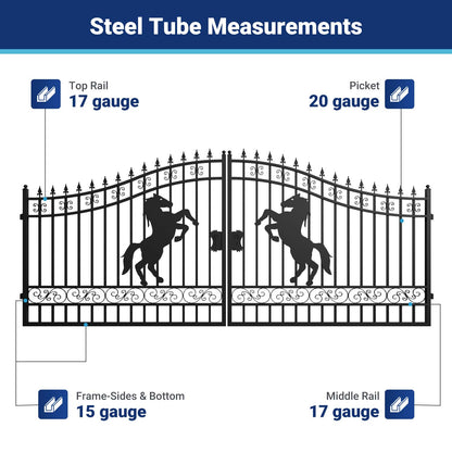 16x7 ft Steel Dual Swing Driveway Gate with Horse Pattern