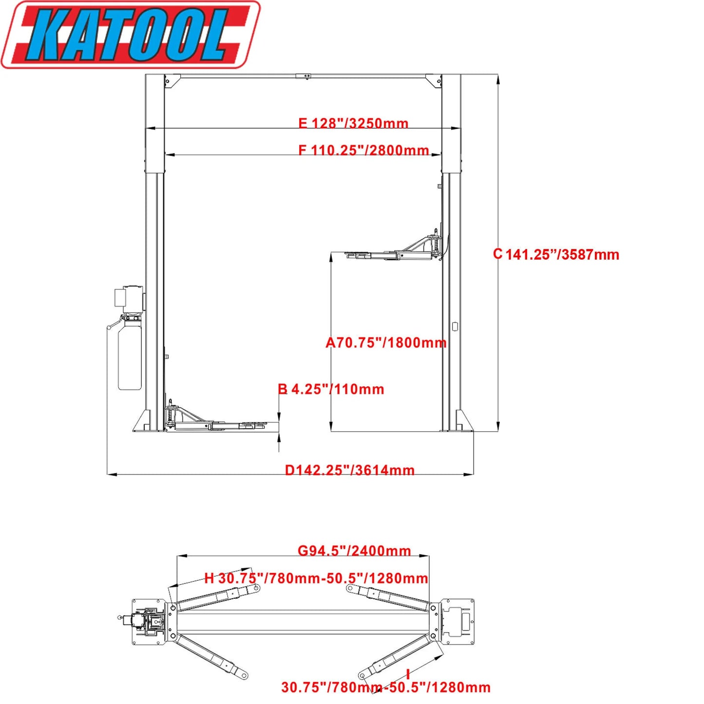 Katool KT-M110 Two-Post Clear-Floor Vehicle Lift – 11,000lbs Capacity