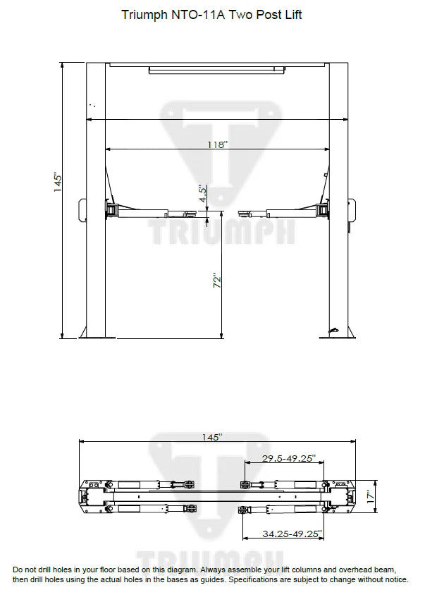 Triumph NTO-11A 11,000 lb Two Post Auto Lift