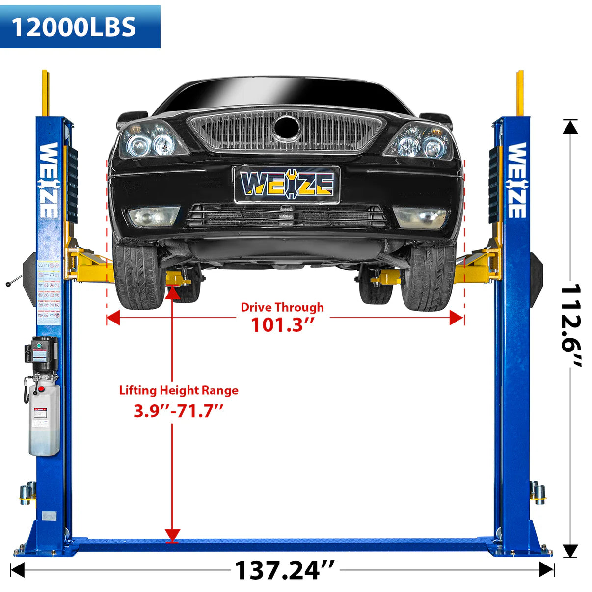 WEIZE 2 Post Automotive Car Lift, 12000 lbs Capacity, 220V 4HP Powerful Motor with Single Point Lock Release