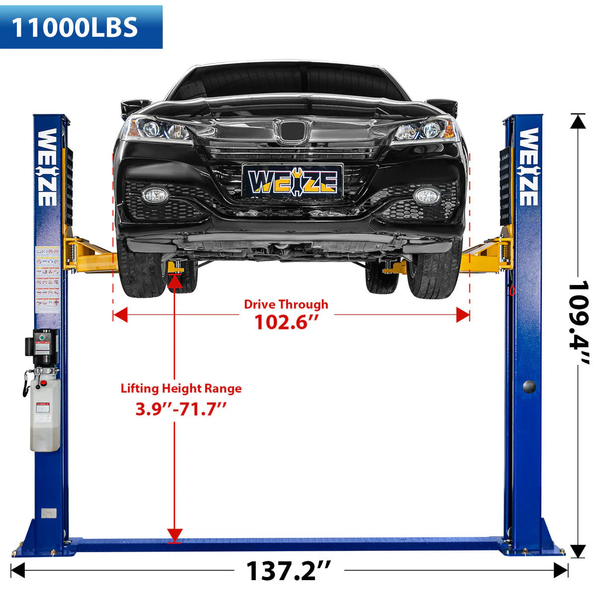 WEIZE 2 Post Automotive Lift, 11000 lbs Capacity with 220V 3HP Motor and Double Point Lock Release