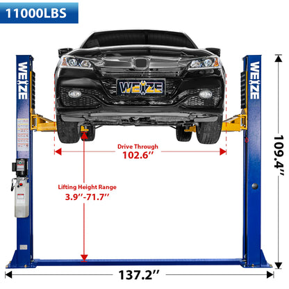 WEIZE 2 Post Automotive Lift, 11000 lbs Capacity with 220V 3HP Motor and Double Point Lock Release