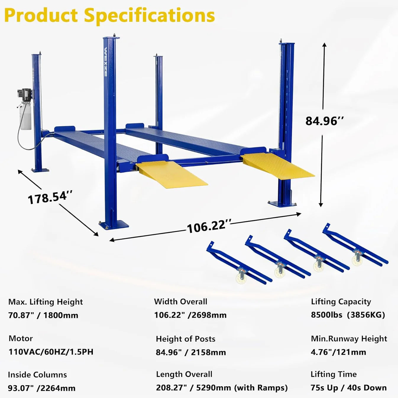 WEIZE 8500lbs 4 Post Car Lift with Caster Kits, Auto Car Storage Lift for Home Parking Garage