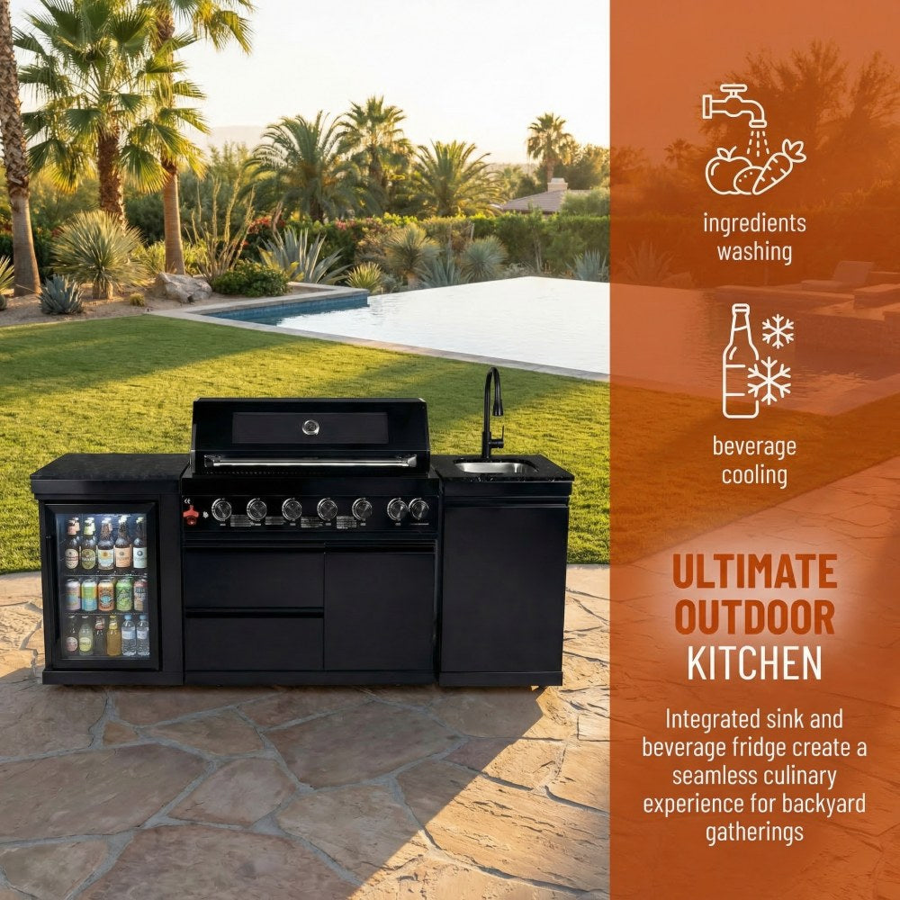 82" 6-Burner 85,000 BTU Gas Outdoor Kitchen Island Grill Stainless Steel Sink Wine Cooler