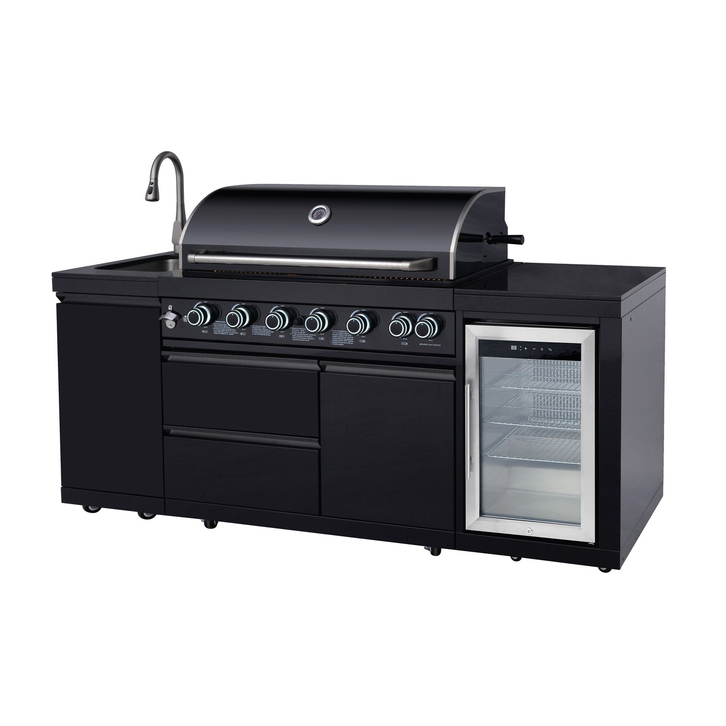 82.5" 6-Burner 83,500 BTU Black Outdoor Kitchen Island Grill Sink + Refrigerator