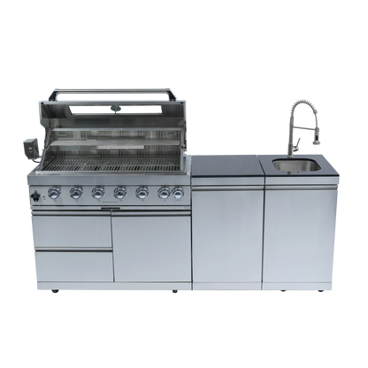 82" 6-Burner 85000 BTU Silver Outdoor Kitchen Island Grill + Storage Cabinets & Drawers & Sink/Faucet