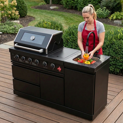 65" 4-Burner 72,000 BTU Black Outdoor Kitchen Island Grill + Round Side Burner