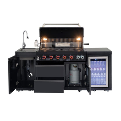 82.5" 6-Burner 83,500 BTU Black Outdoor Kitchen Island Grill Sink + Refrigerator