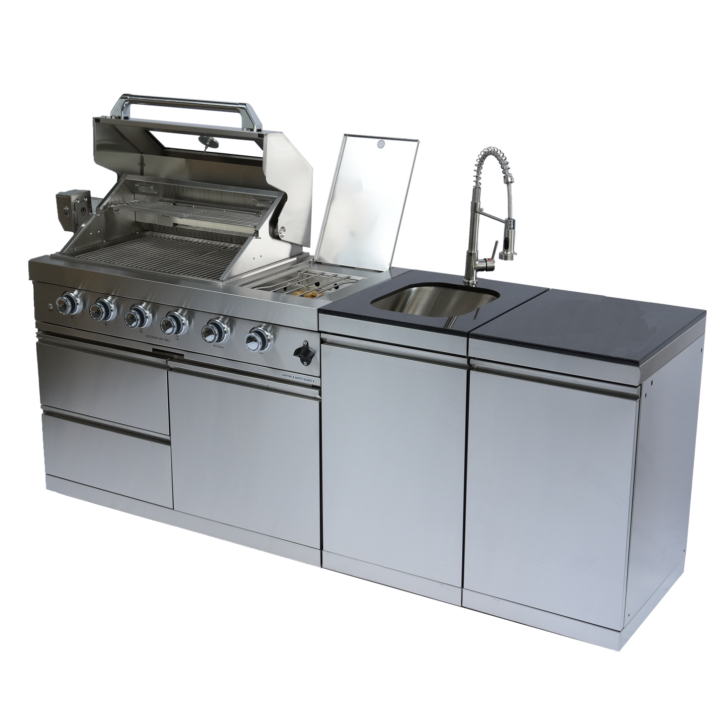 NG 85" 4-Burner 72,000 BTU Silver Outdoor Kitchen Island Grill + Side B & Storage Cabinets & Sink