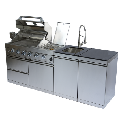 NG 85" 4-Burner 72,000 BTU Silver Outdoor Kitchen Island Grill + Side B & Storage Cabinets & Sink
