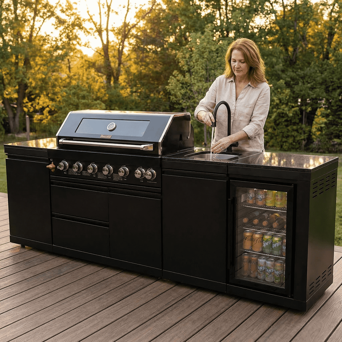102" 6-Burner 85,000 BTU Black Outdoor Kitchen Island Grill + Refrigerator + Marble Countertops + Sink