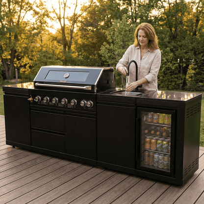 102" 6-Burner 85,000 BTU Black Outdoor Kitchen Island Grill + Refrigerator + Marble Countertops + Sink