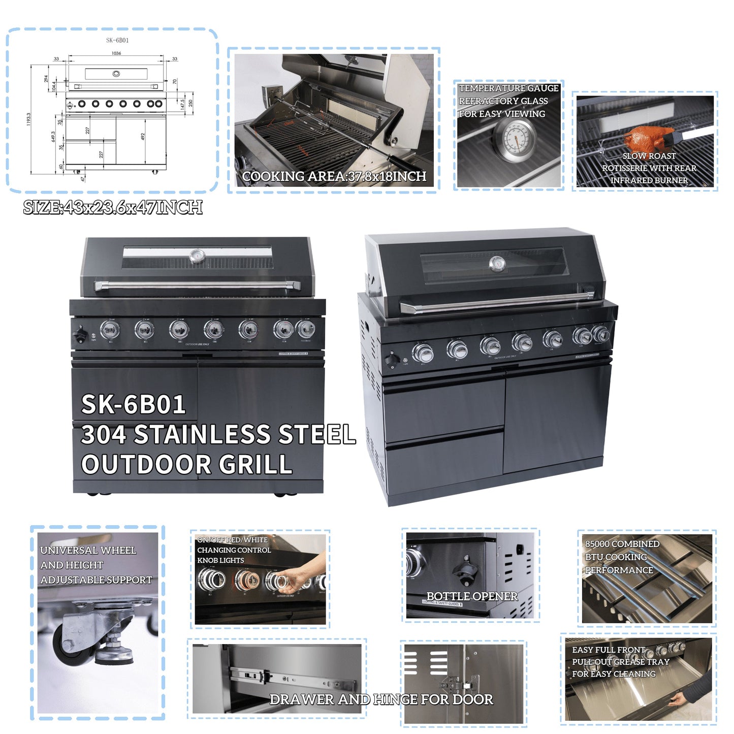 NG 85" 6-Burner 85,000 BTU Black Outdoor Kitchen Island Grill Refrigerator + Rotisserie Kit + Sink