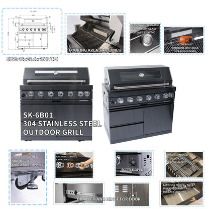 NG 85" 6-Burner 85,000 BTU Black Outdoor Kitchen Island Grill Refrigerator + Rotisserie Kit + Sink