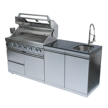 82" 6-Burner 85000 BTU Silver Outdoor Kitchen Island Grill + Storage Cabinets & Drawers & Sink/Faucet